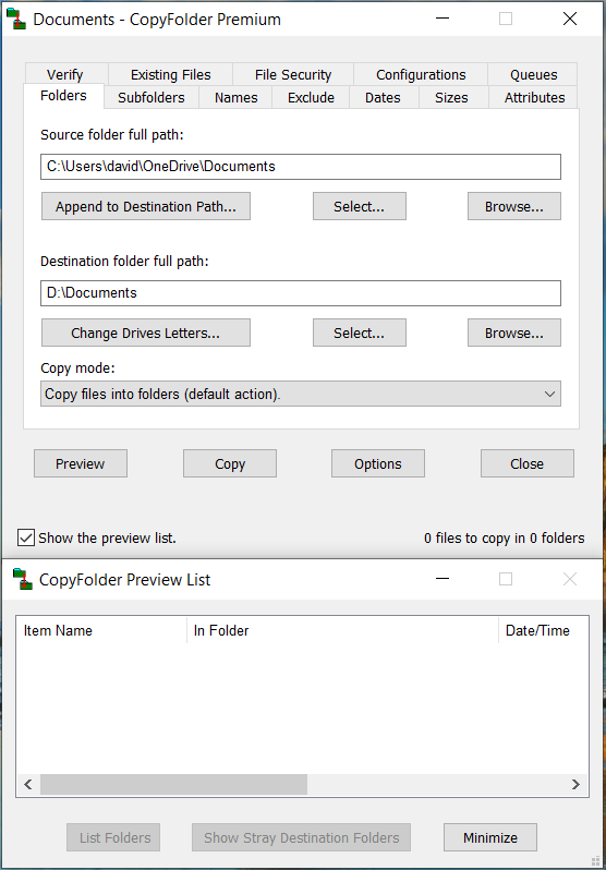 CopyFolder Main and Preview Windows