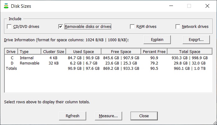 DiskSizes main window